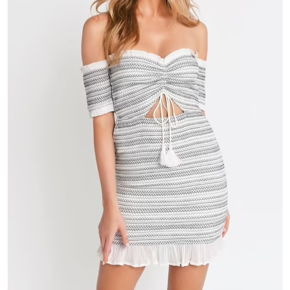 NIA NAVY & GREY OFF SHOULDER BODYCON DRESS SMALL